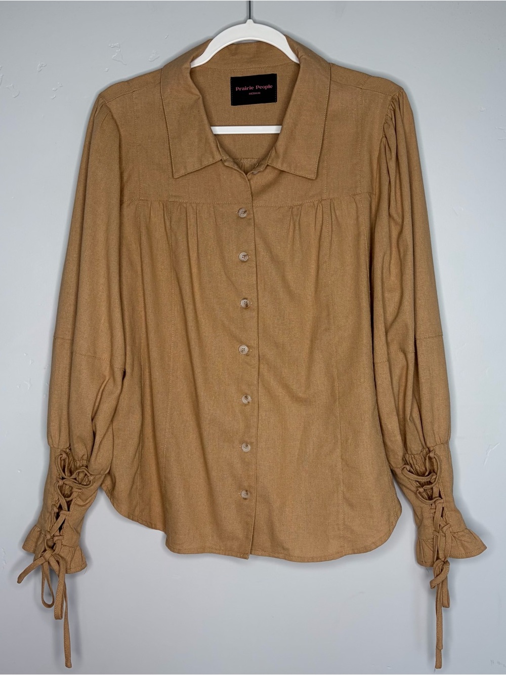 Prairie People Linen Cotton Long Sleeve Button Up Top Lace Up Tan Medium‎